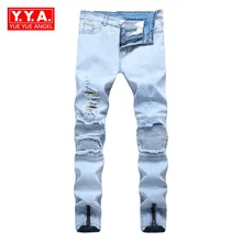 Calças de Brim dos homens Outono Moda Streetwear Motocicleta Buraco Washed Ripped Plissada Cheio do Comprimento do Lápis Calças Casuais Magras Calca Masculina