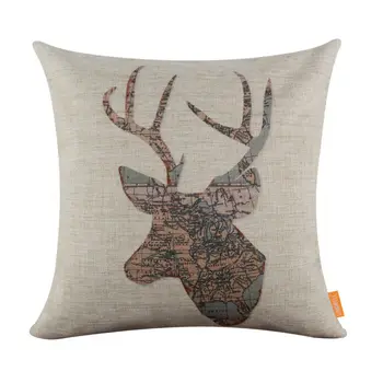 

LINKWELL 18x18" Vintage Deer Head Elk World Map Accent Burlap Cushion Cover Throw Pillowcase Animal Lover