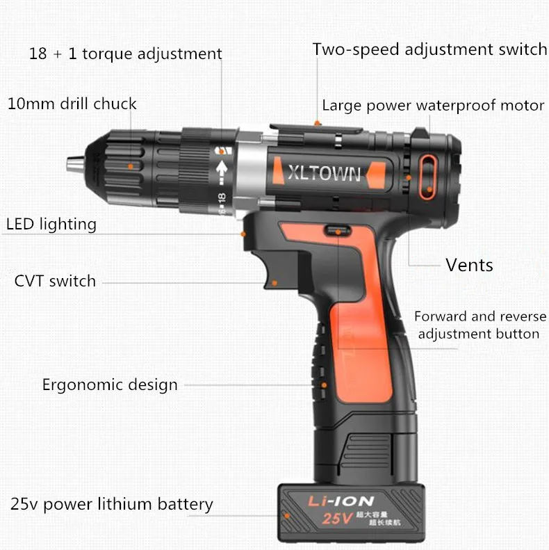 Xltown новый литий электродрель 12/16. 8/21/25 v литиевая аккумуляторная батарея шуруповерт с 2 батареи инструменты
