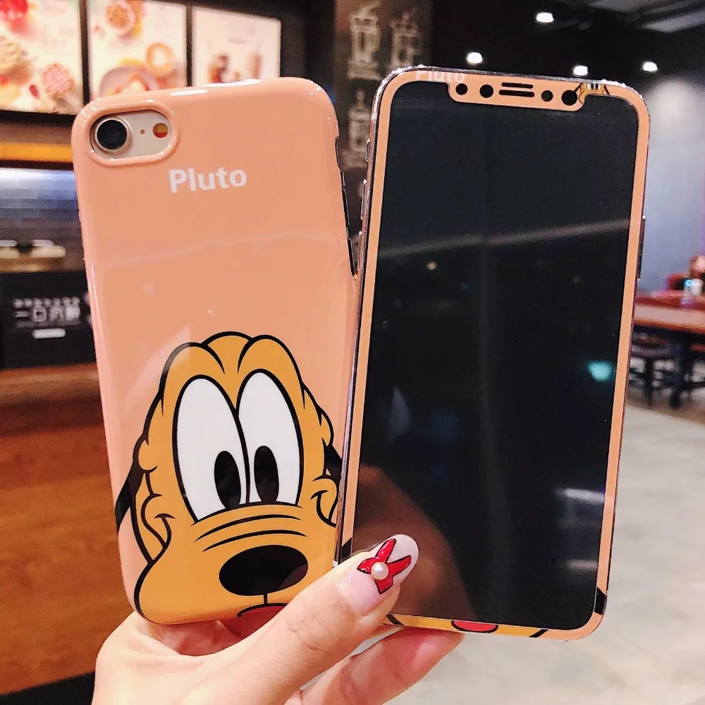 

(1PC) cute Case For iphone xs max xr x 8 7 6 6s plus 6.5 inch silicone soft phones cover with tempered glass pluto dog funda