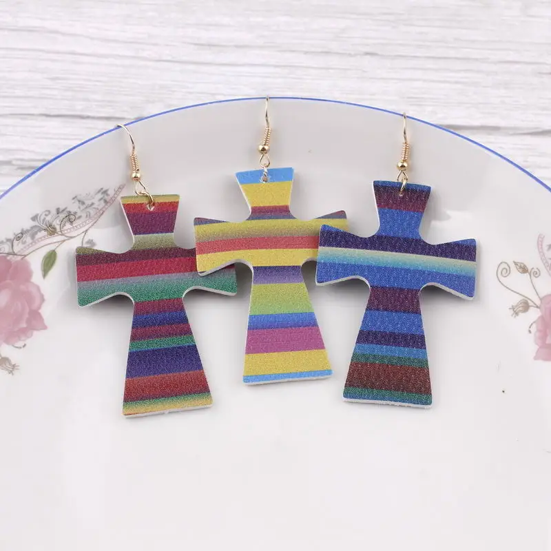

ZWPON 2019 Colorful Stripe Print Leather Cross Earrings for Women