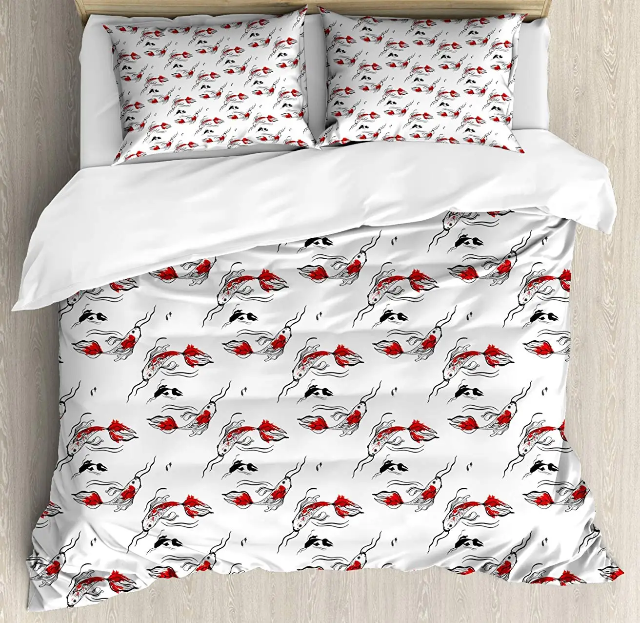 

Fish Duvet Cover Set Abstract Carp Koi Japanese Asian Culture Inspirations Doodle Marine Creatures 3 Piece Bedding Set