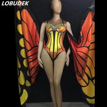 

Orange Butterfly Pattern Big Wings Elastic Bodysuit Bar Nightclub Female Singer Stage Wear Leading Dance Dance Team Sexy Costume