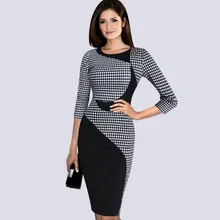 2016 Womens Summer OL Knee Length Dress Color Block Patchwork Tartan Check Plaid Formal Work Business Party Sheath Pencil Dress