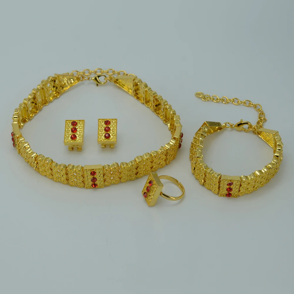 Goedkoop Anniyo Goud Kleur Ethiopische Sieraden sets Chokers Ketting Oorbellen Ring Armband Eritrea Habesha Afrika Bruiloft set #011306