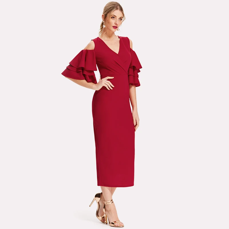 red Deep V Neck Ruffle Open Shoulder Midi Dress With Belt