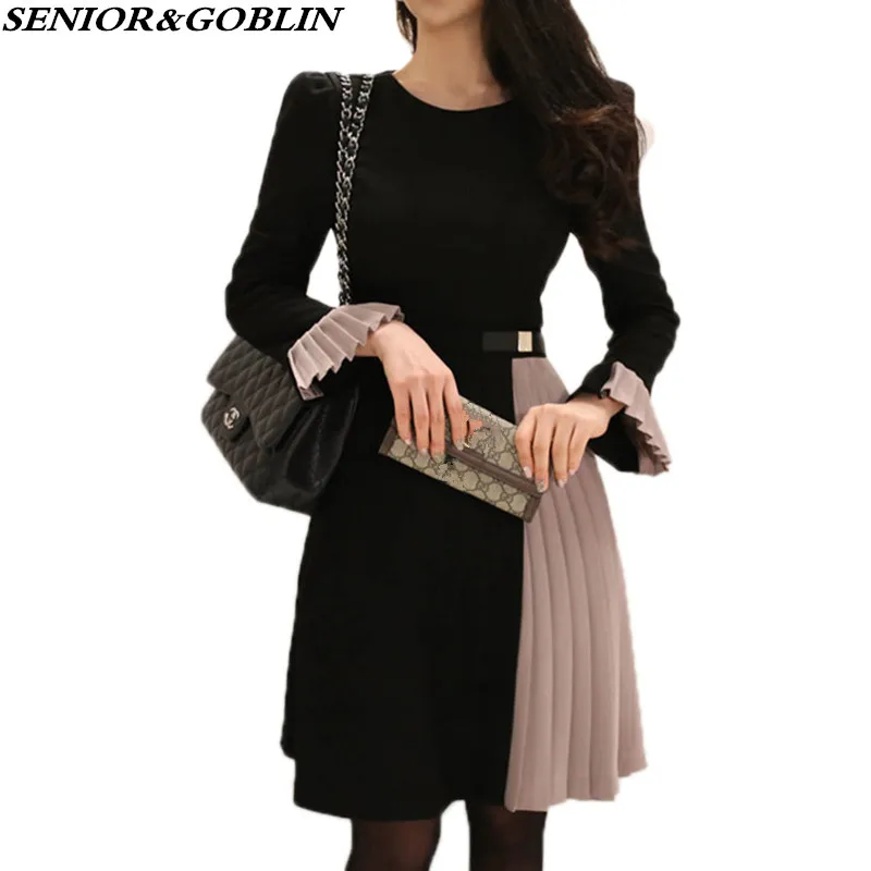 

Spring New Arrival Flare Sleeve Pleated Dress 2019 Elegant Women Knee-Length O-neck Patchwork Party Dress Midi Vestidos