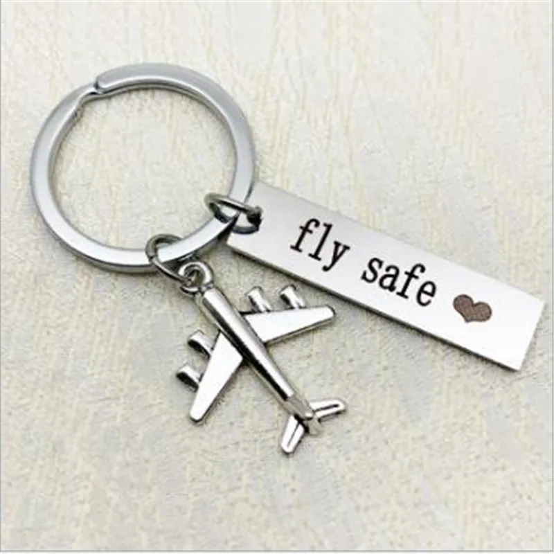 WKOUD Fashion Jewelry Stainless keyring Engraved Drive Safe Fly Airplane Traveling Keychain Men Pilot Flight Attendant Gift |