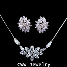 CWWZircons Marquise Cut Цветок Прозрачный белый кубический цирконий модное ожерелье с кристаллами и серьги Ювелирные наборы для женщин T025