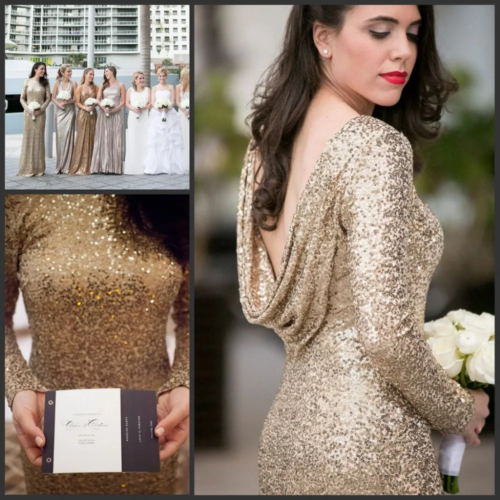 long sleeve gold bridesmaid dresses