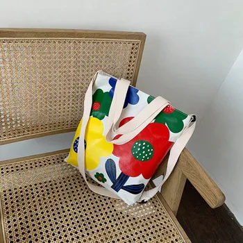 

New Women Canvas Tote Shopping Bag Fashion Printed Zipper Portable Shoulder Bag Large Capacity Reusable Foldable Handbag
