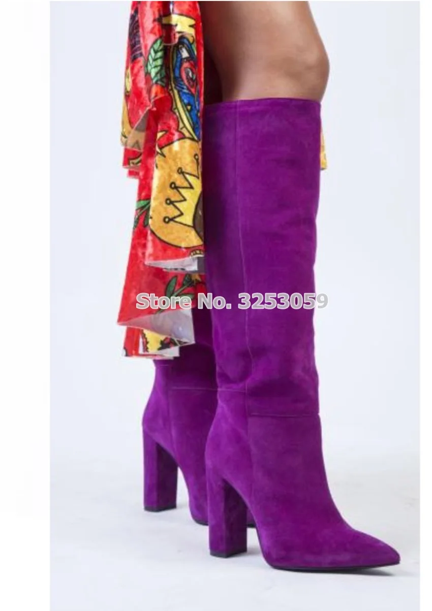ALMUDENA/женские изысканные фиолетовые замшевые сапоги до колена на не сужающемся книзу массивном каблуке; выразительные высокие сапоги; модельные туфли-гладиаторы; сезон осень-зима - Цвет: purple as picture