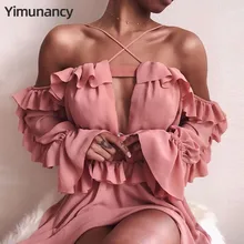 Yimunancy осень 2019 платье с оборками и открытыми плечами женское