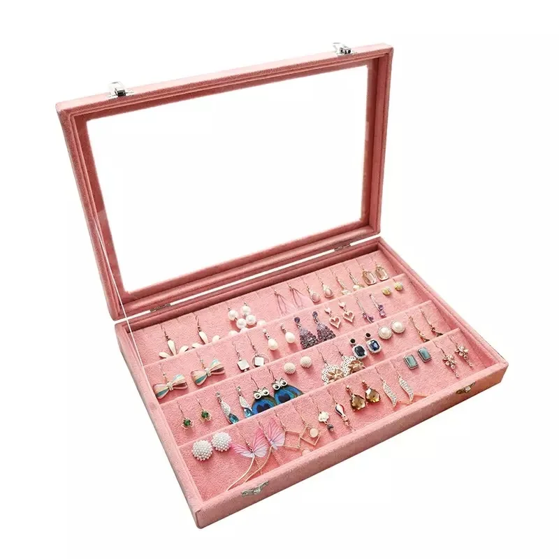 Velvet Carrying Case with Glass Cover Jewelry Earring Display Box Tray Holder Jewelry Storage Box Organizer