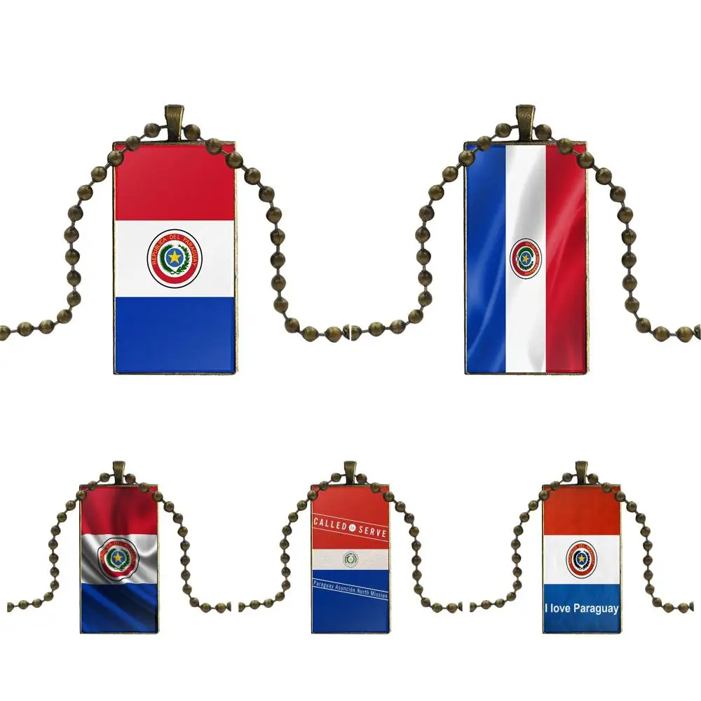 

For Girls Statement Maxi Bronze Color Glass Cabochon With Rectangle Shaped Pendant Choker Necklace Paraguay Flag