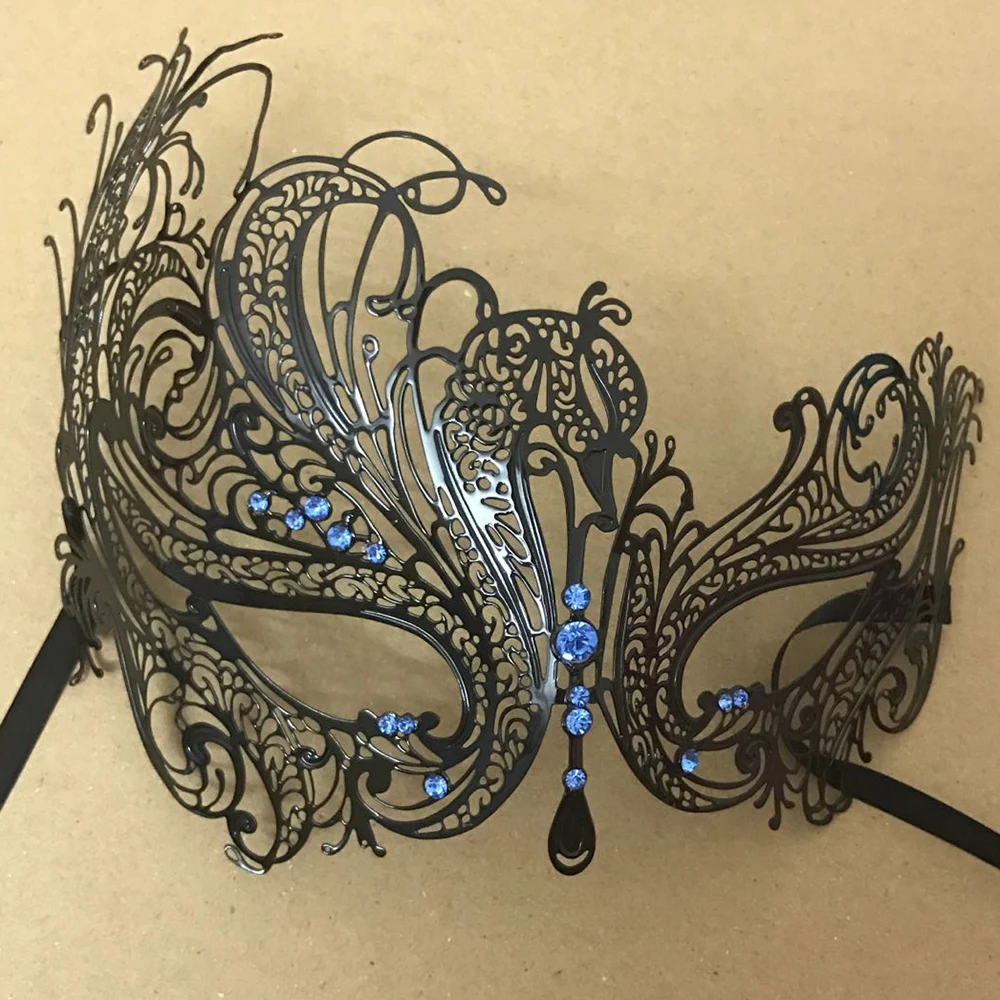 Blue Rhinestone Women Mask Filigree Metal Laser Cut Masquerade Ball Prom Mask