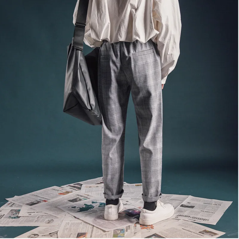 Fashion Casual Men's Straight Pants Spring And Autumn New M-2XL Plaid Loose Trousers Gray Coral Red Personality Youth Popular