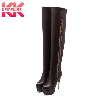

KemeKiss Pu Leather Over The Knee Boots Women Thigh High Boots Round Toe Thin Heels Platform Winter Shoes Woman Size 33-43