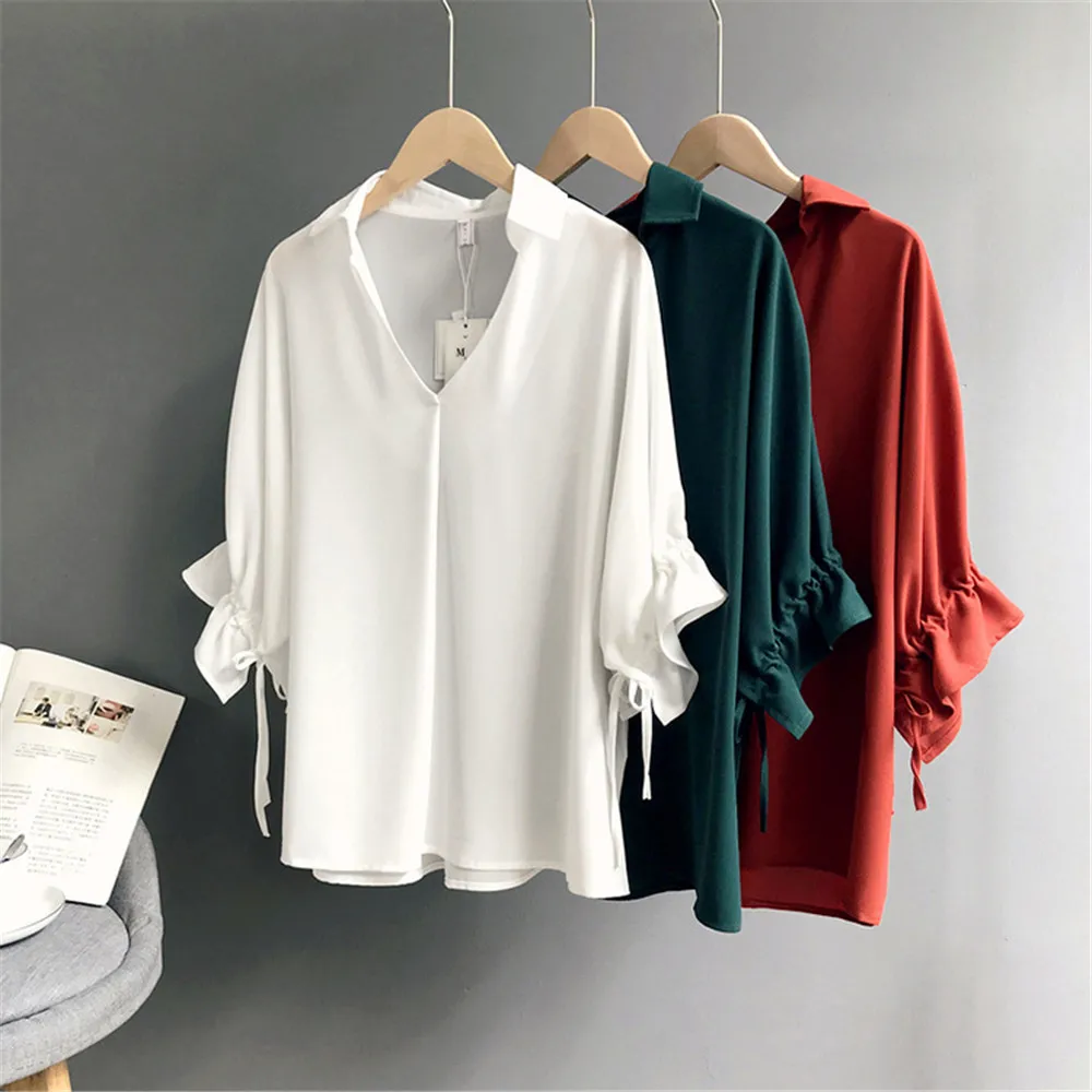 High quality Casual Chiffon V-neck Loose Shirt Office Wear 2018 White Women Blouse Shirt Half Batwing Sleeve Summer Elegant top (25)