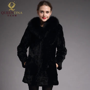 

Natural Fur Women Fur Coat Black Fox Fur Collar Fashion Women Sheepskin Coat Long Sheep Shearing Coat Beautiful Women's Real Fur