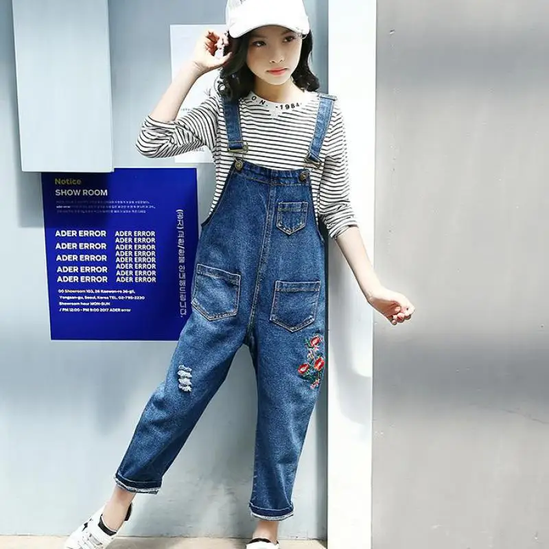 

2018 Children Clothes Set For Girls Clothing Sets Teenagers 11 12 13 14 Years Striped Shirt + Denim Overalls Kids Teens Clothing