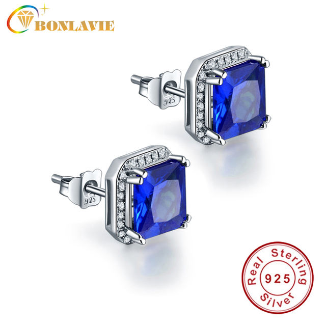 3.8ct Natural Stone Sapphire Stud Earrings For Women Pure 925 Sterling Silver Fashion Jewelry Classic Square Women Earrings