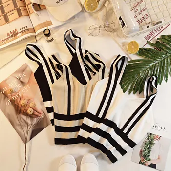 

Summer Women Fashion Knitting Stripe Tank Crop Tops Female Knitted Stretchy Cropped Camisole Sleeveless Short T shirts