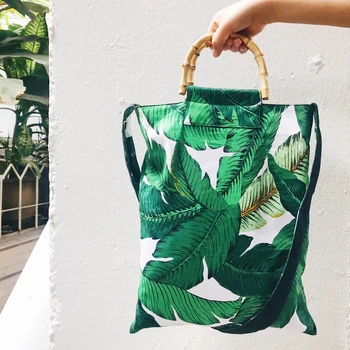 

2017 Bohemian fashion can be fold over beach bag women bamboo handlebag printed canvas shopping bag large big tote shoulder bag