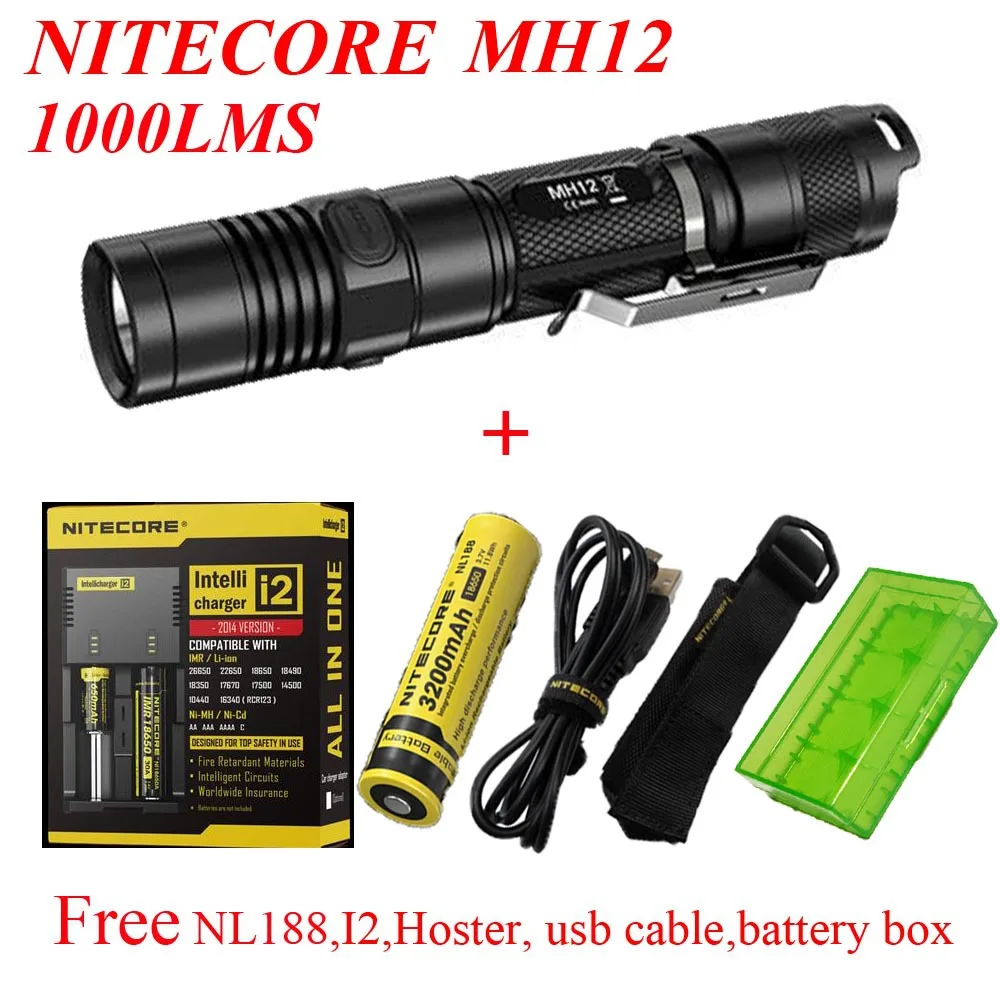 

2015 Nitecore MH12 1000 lumens CREE XM-L2 U2 LED flashlight+ NL188 battery +I2 charger+hoster+usb cable+battery box