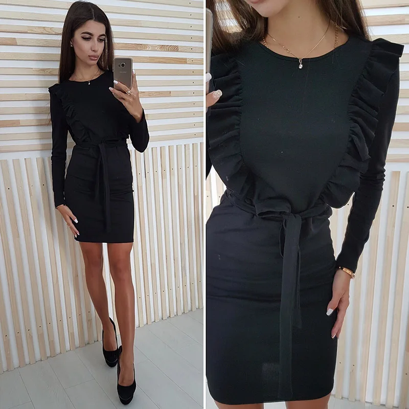 Autumn Ruffles Sashes Sheath Bodycon Dress Women 2018 Solid Long Sleeve O-Neck Casual Sexy Party Mini Dresses | Женская одежда