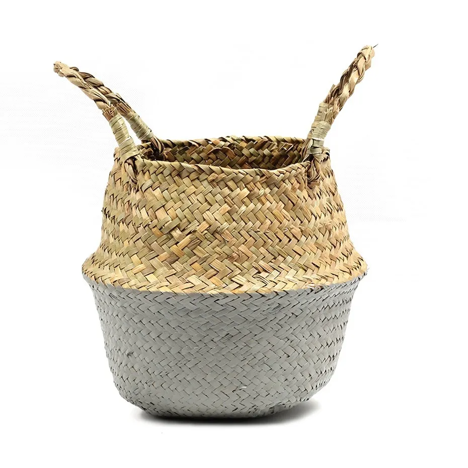 Garden Hand Seaweed Flower Basket Blue And White Flower Pot Double Handle Rattan Basket Basket Weaving Storage - Цвет: gray