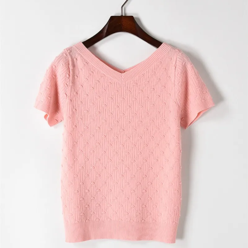 Free Shipping Summer Tops Women cute Double V neck Short Sleeve Plaid