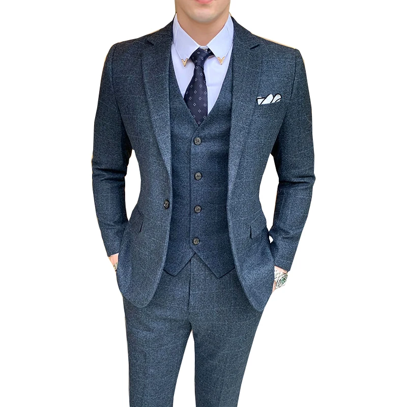 

2019 Plaid suit men blue business wedding Slim Fit mens suits casual 3 piece Plus Size 5XL suit blazers pants terno masculino