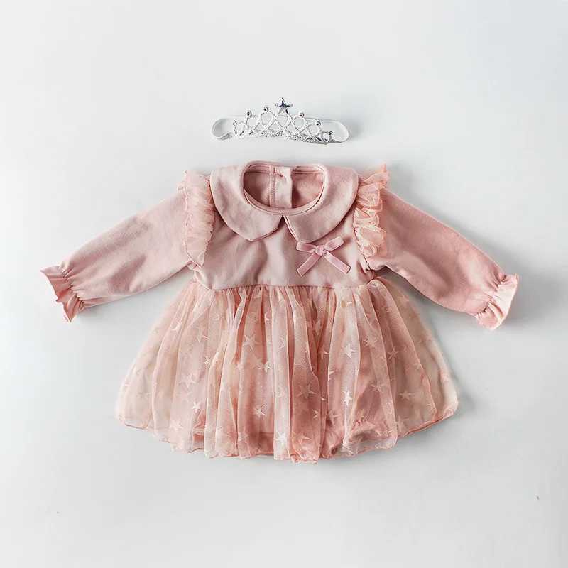 Детские комбинезоны с юбкой-пачкой и бантом для маленьких девочек ярких цветов на день рождения, весенне-осенний комбинезон для малышей - Цвет: Розовый