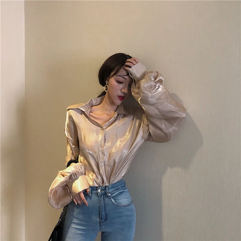 RUGOD новая Корейская Золотая Свободная блузка женская модная рубашка с длинным рукавом-фонариком и отложным воротником женские осенние блузки Befree
