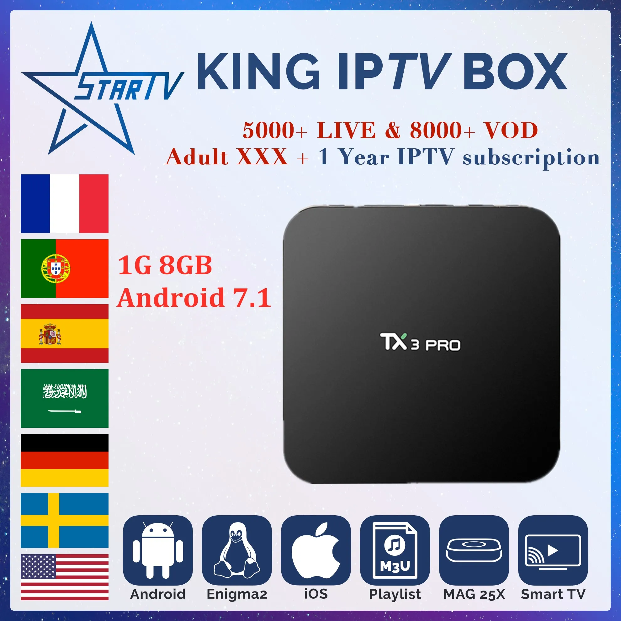 

TX3 PRO TV Box Android 7.1+1 Year KING iptv subscription for France Spain Portugal Arabic Europe IPTV M3U mag IOS smart tv box