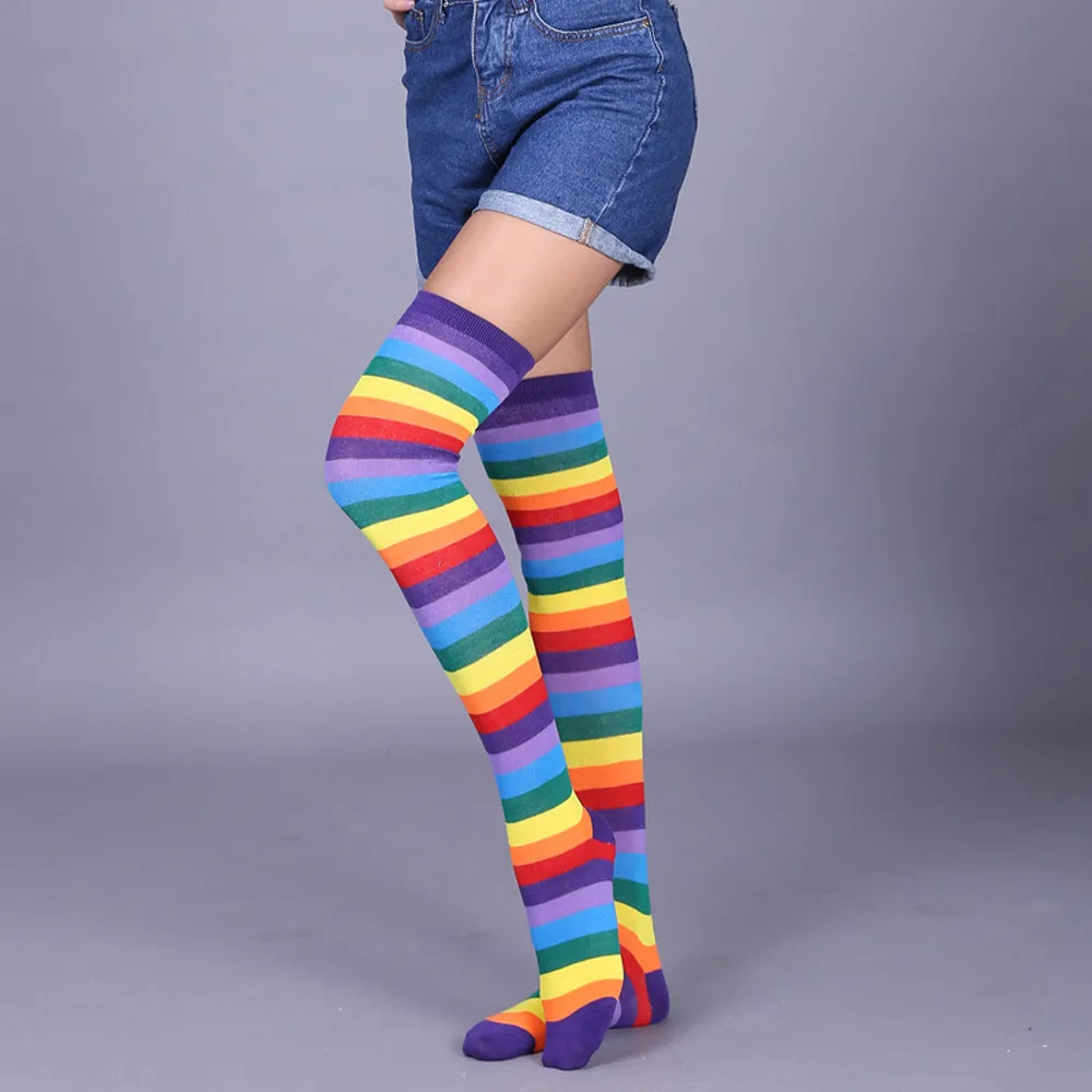 Thigh High Socks Women Stockings Cotton Thigh High Mixed Rainbow Striped Long Stockings Knitted Ladies Over The Knee Socks