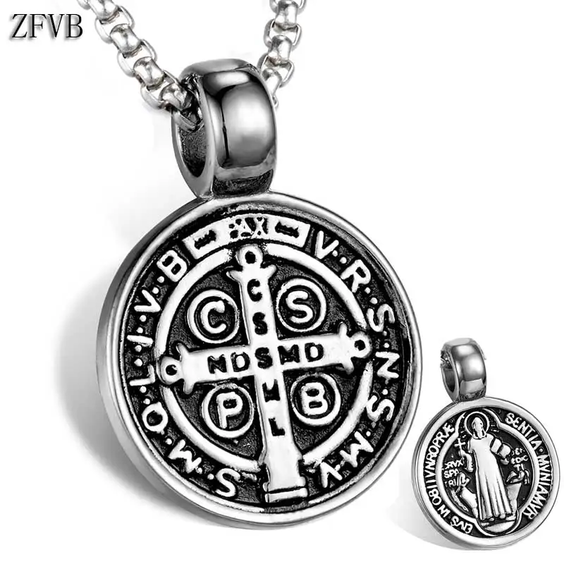 ZFVB Classic Saint Benedict Cross Pendant Necklace Mens 316L Stainless