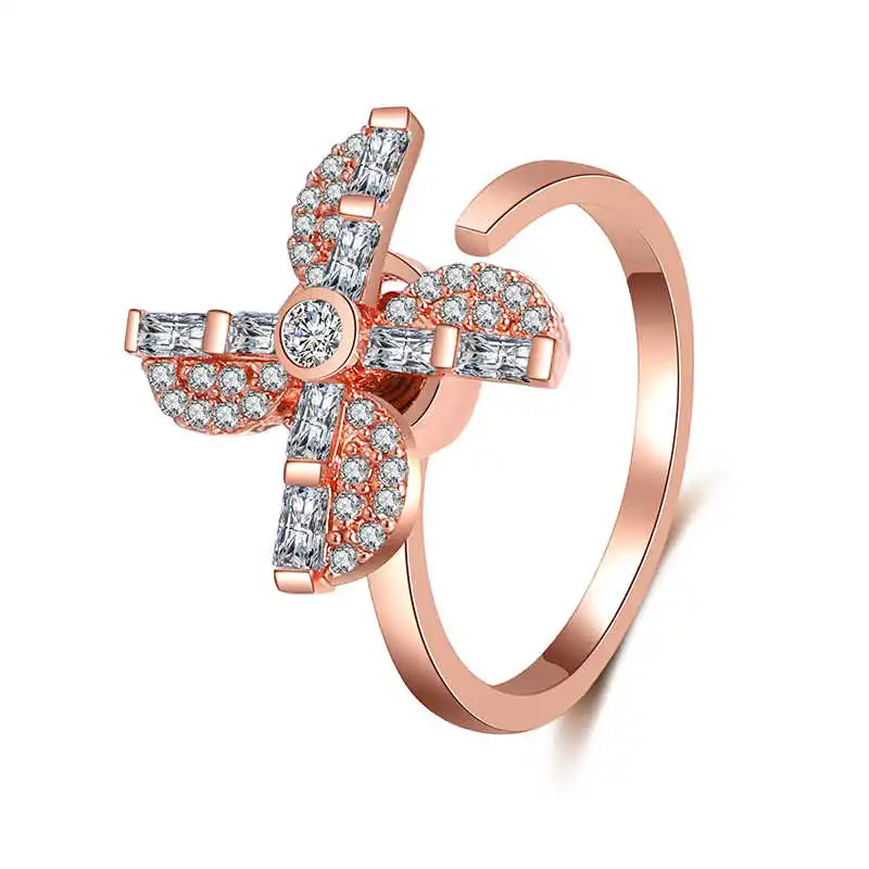 SUKI Love, вращающиеся кольца, двойной круг, очарование, s925 цвет, для женщин, прозрачный CZ, проложенный, изменяемый размер, медное кольцо для женщин, свадебные, вечерние - Цвет основного камня: Rose Gold windmill