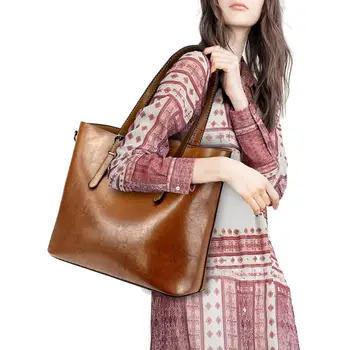 

2019 Women bag Oil wax Women's Leather Handbags Luxury Lady Hand Bags With Purse Pocket Women messenger bag Big Tote Sac Bols