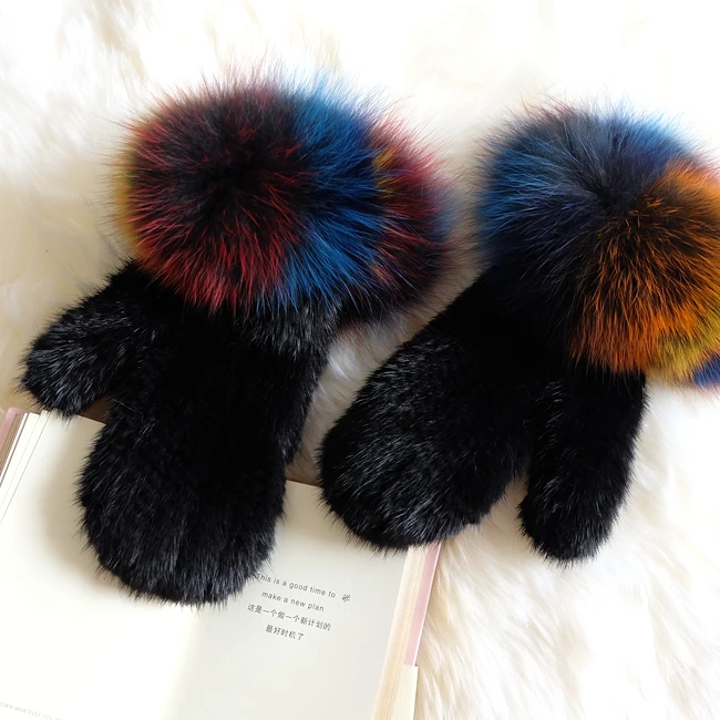 

Real Fox Fur Mink Hair Full Leather Knit Fur Gloves Women's Hot Gloves