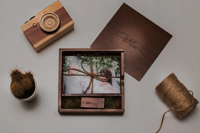 (Free logo or words names engraving) Wooden Photo Album Box USB 3.0 Pendrive DIY Engraved Logo Wedding Memory