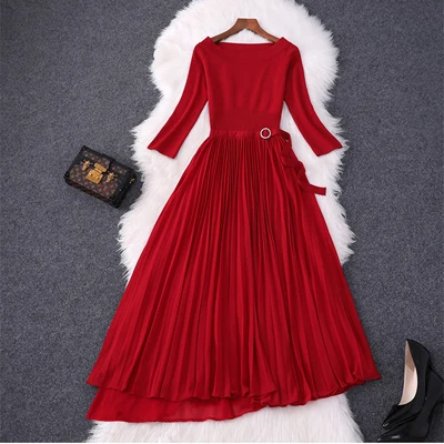 Брендовое модное дизайнерское женское платье, женское Элегантное трикотажное платье в стиле пэчворк, Несимметричное Плиссированное шифоновое платье, красные вечерние платья на осень - Цвет: Красный
