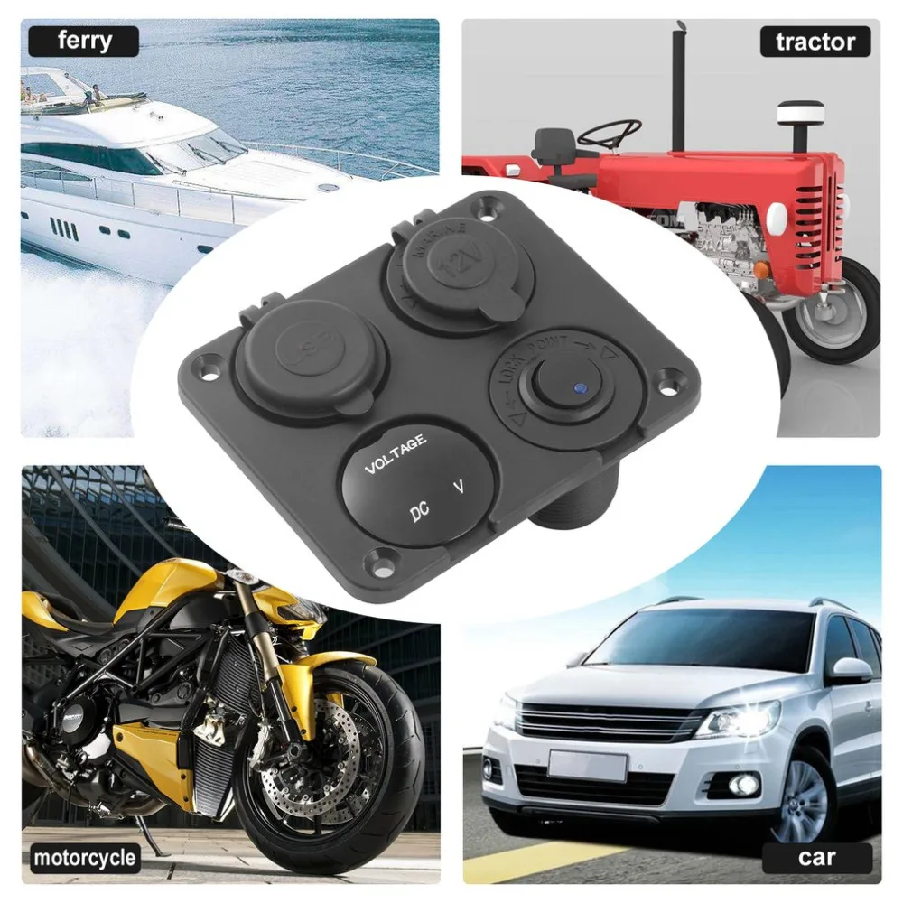 

New 4 in 1 Dual USB Car Charger Adapter Cigarette Lighter Socket LED Digital Voltmeter Switch 12V Socket 4 Hole Panel