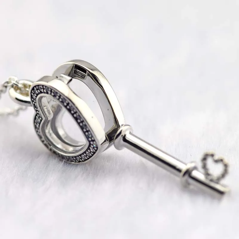 Подвески и подвески плавающий медальон сердце ключ цепочки ожерелья Ясно CZ 925 пробы Серебряные Украшения Колье Рождественский подарок