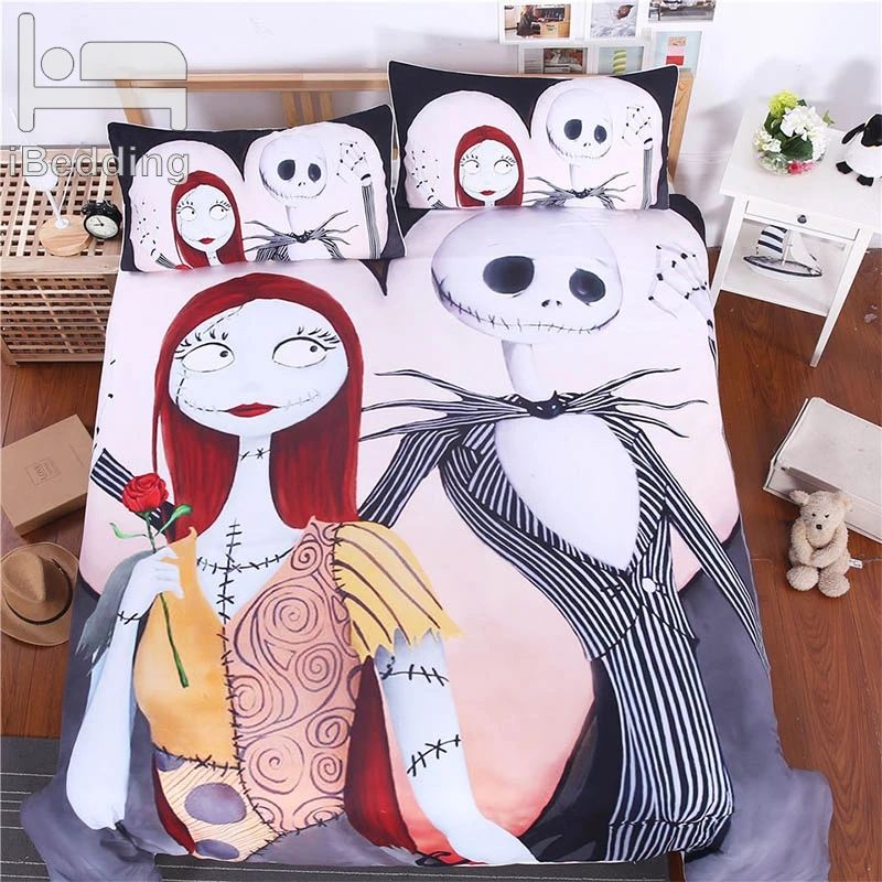 

3Pcs/Set nightmare before christmas Sugar Skull Comforter Bedding Set King Queen Size Luxury Bed Duvet Covers Sheets Set Linen