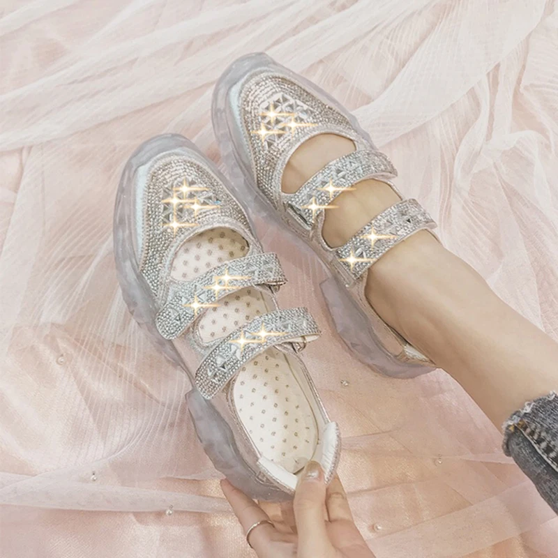 

Women's Sandals 2019 Summer Fashion Rhinestone Transparent Jelly Shoes Hook & Loop Woman Chunky Sandals Non-Slip Female Shoes