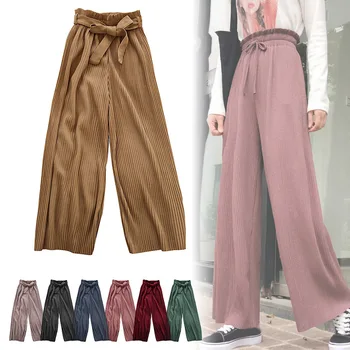 

Summer 2019 Hot Sale Women Pants Droppshiping Women Casual Wide Leg Elastic High Waist Pleated Pants with Belt for Summer BFJ55