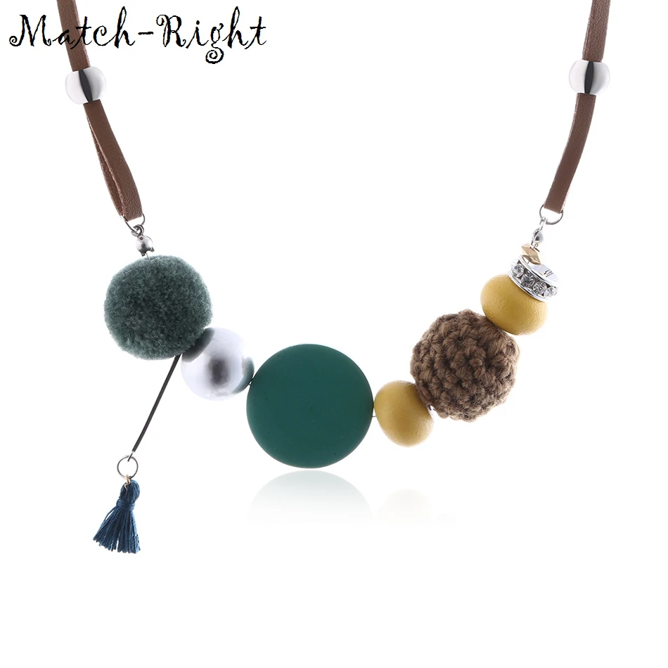 

Match-Right Women Necklace Statement Necklaces & Pendants Wood Beads Fuzzy Balls Necklace For Women Jewelry MX014