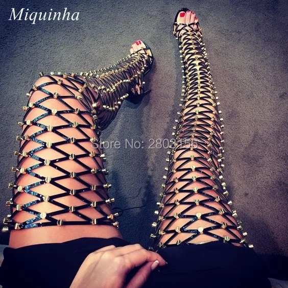 Fashion Summer High Heels Gladiator Sandals Boots Caged Studded Shoes Fashion cut outs thin high heels over the knee boots